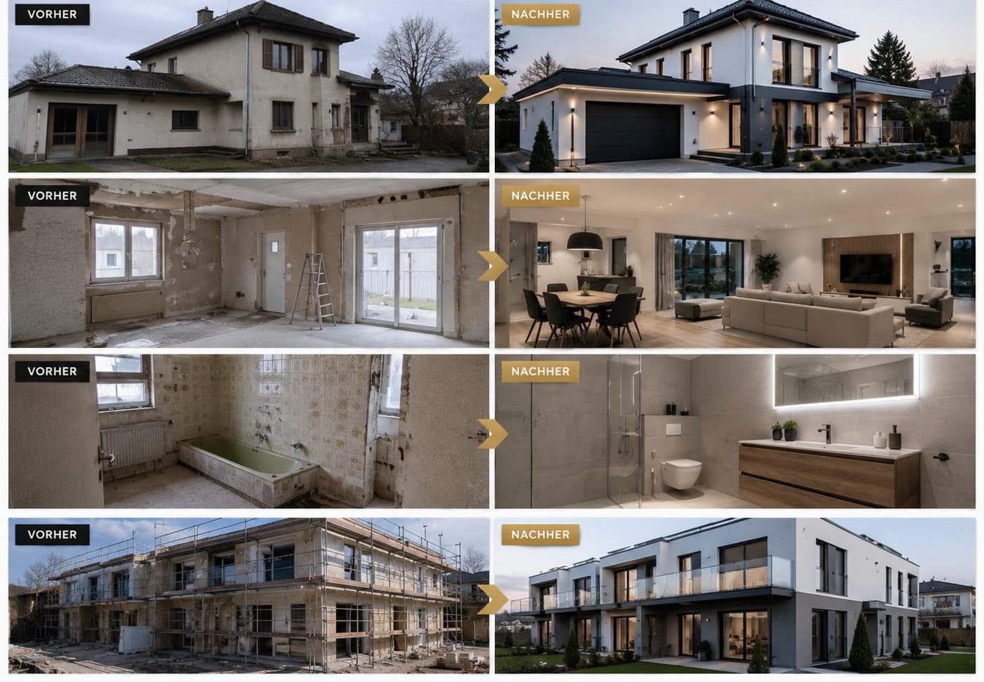 Vorher-Nachher-Vergleiche abgeschlossener Bauprojekte von Formquadrat AG
